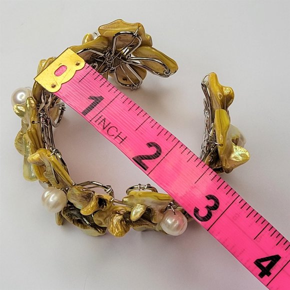 Yellow Shell and Pearl Adjustable Cuff Bracelet Bangle - NEW - Picture 13 of 13